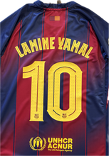 Load image into Gallery viewer, Maroon and blue sports jersey with 'Lamine Yamal' and number '10', featuring UNHCR ACNUR logo. Lamine Yamal