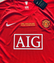 Load image into Gallery viewer, Retro Manchester United 2007/2008 Champions League Jersey Full Length Display - Cristiano Ronaldo Era Red Home Kit with Long Sleeves, Official Nike Branding, and Historic UCL Final Moscow Details