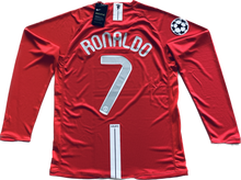 Load image into Gallery viewer, Retro Cristiano Ronaldo Manchester United 2007/2008 UEFA Champions League Final Nike Long Sleeve Men's Soccer Jersey - Front View Showing Red Home Kit with AIG Sponsor and Official UCL Patches