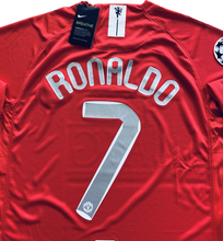 Load image into Gallery viewer, Cristiano Ronaldo Manchester United Champions League Jersey 2007/2008 Back View - Number 7 CR7 Red Home Kit with Nike Logo, AIG Sponsorship, and Official UEFA Champions League Final Moscow Patches