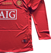 Load image into Gallery viewer, Retro Ronaldo Manchester United Jersey Collar and Upper Chest Detail - Nike V-Neck Design with Official Manchester United Club Crest, AIG Sponsor Logo, and Premium Soccer Jersey Construction
