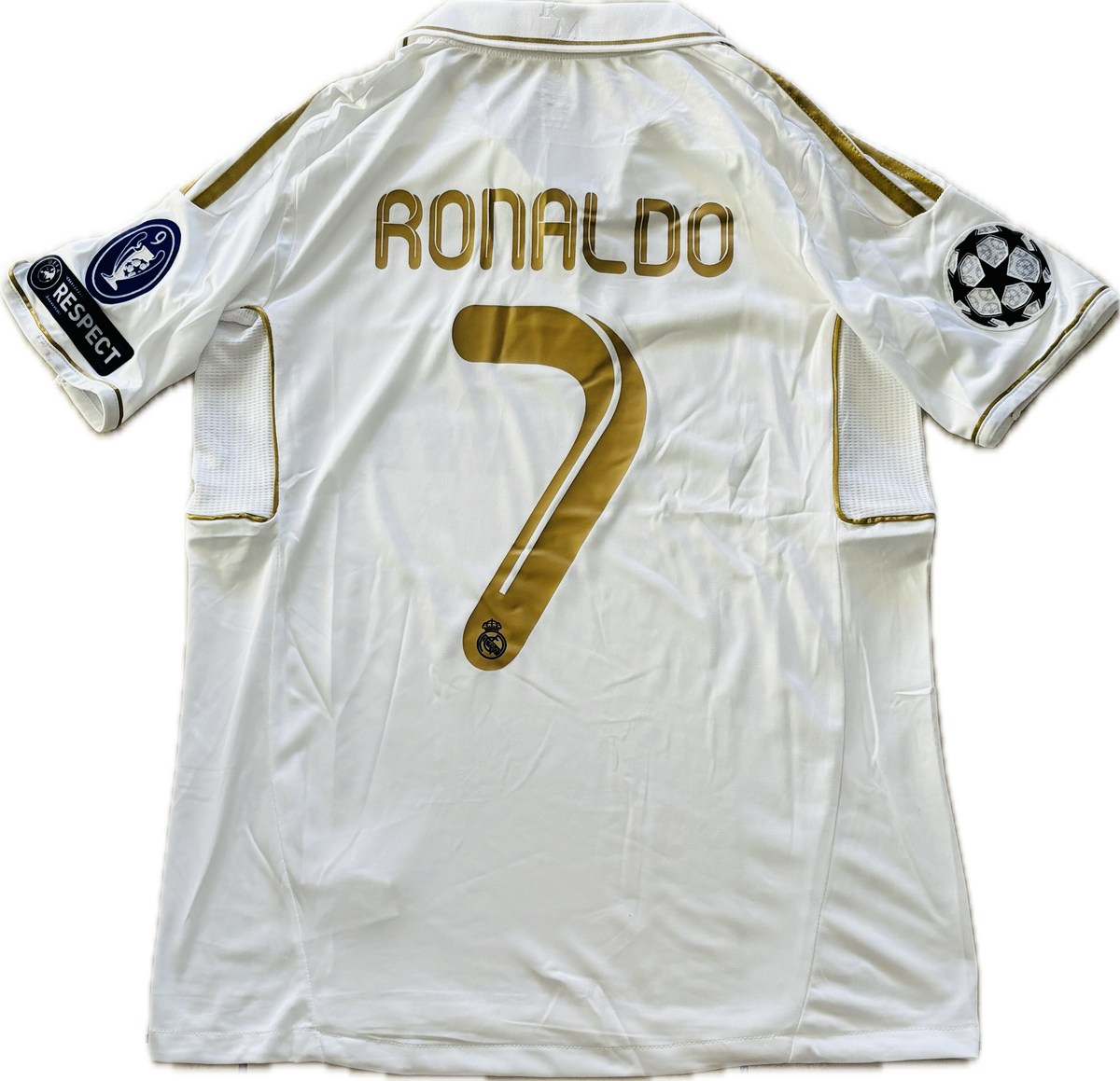 Cristiano Ronaldo 2011 12 Real Madrid Adidas GOLD MENS White short sle Football Patch King