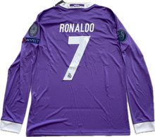 Load image into Gallery viewer, Cristiano Ronaldo 7 Real Madrid 2016-2017 Purple Champions League Final Jersey - Front View Showing Adidas Logo, Real Madrid Crest, and UCL Cardiff Final Patch - Authentic Long Sleeve Soccer Jersey