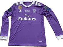 Load image into Gallery viewer, Real Madrid 2016-2017 Cristiano Ronaldo Purple UCL Final Jersey - Back View Displaying Number 7 and RONALDO Name Print - Adidas Champions League Cardiff Final Long Sleeve Soccer Jersey