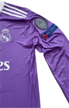 Load image into Gallery viewer, Real Madrid Cristiano Ronaldo 7 Purple Champions League Final Jersey 2016-2017 - Detailed View with UCL Cardiff Patch and Adidas Branding - Authentic Long Sleeve Soccer Jersey