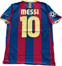 Load image into Gallery viewer, A soccer jersey with vertical blue and red stripes, featuring the name 'MESSI' and the number '10' on the back.