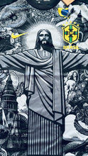 Load image into Gallery viewer, Brazil Nike Christ the Redeemer Special Edition Soccer Jersey - Detailed Front View with 5-Star CBF Crest and Iconic Rio de Janeiro Cristo Redentor Graphic - Black and Grey Brazil National Team Jersey