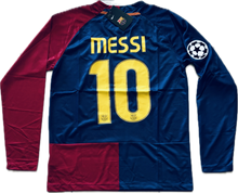 Load image into Gallery viewer, Long sleeve football soccer jersey with 'MESSI 10' and FC Barcelona branding, predominantly blue and red.