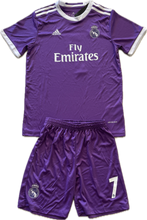 Load image into Gallery viewer, Real Madrid Cristiano Ronaldo 7 Youth Kids Champions League Final Jersey 2016-2017 - Full Length Front View with UCL Cardiff Patch and Complete Kit with Shorts - Adidas White Soccer Jersey