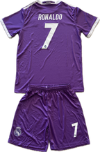 Load image into Gallery viewer, Cristiano Ronaldo Real Madrid Youth Kids 2016-2017 Champions League Final Jersey - Full Length Back View with Number 7 and RONALDO Name - Complete Kit with White Jersey and Shorts