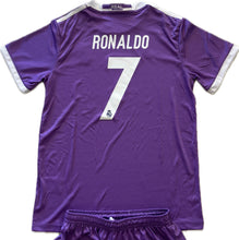 Load image into Gallery viewer, Cristiano Ronaldo Real Madrid 2016-2017 Youth Kids Champions League Jersey - Side Profile View Showing Adidas Construction and UCL Cardiff Patch - White Soccer Jersey Number 7