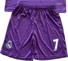 Load image into Gallery viewer, Cristiano Ronaldo 7 Real Madrid 2016-2017 Youth Kids Champions League Final Jersey - Front View Showing Adidas Logo, Real Madrid Crest, and UCL Cardiff Final Patch - White Soccer Jersey with Shorts