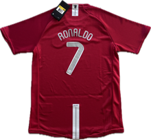 Load image into Gallery viewer, "Manchester United 2007-2008 Youth Home Jersey Flat Lay - Cristiano Ronaldo #7 Nike Champions League Kit with Official Patches, AIG Sponsor, and Authentic Red Devils Colors" Back view