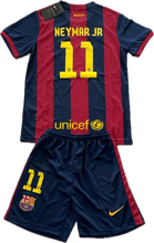 Load image into Gallery viewer, Youth-sized FC Barcelona football jersey and shorts set in blue and red with 'NEYMAR JR 11' and the UNICEF logo