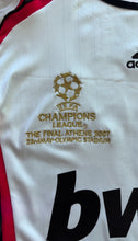 Load image into Gallery viewer, Kaka 22 AC Milan 2006-2007 Red and Black Champions League Jersey - Close-up Detail View Showing Adidas Logo and AC Milan Crest - UEFA Final Long Sleeve Soccer Jersey
