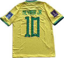 Load image into Gallery viewer, Nike Brazil soccer jersey in yellow with green accents, featuring the number 10 and the CBF crest, with patches on the sleeves.