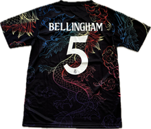 Load image into Gallery viewer, Black t-shirt with colorful dragon designs and 'Bellingham' and number '5' on a white background