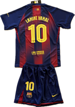 Load image into Gallery viewer, "Lamine Yamal #10 FC Barcelona 2025-26 Youth Home Jersey Kit - Front View"