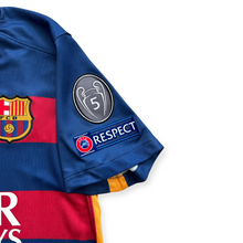 Load image into Gallery viewer, Close-up of a blue FC Barcelona soccer jersey sleeve showing the club crest, a silver UEFA Champions League 5-star patch, and a blue 'RESPECT' patch on the upper arm, set against a plain white background.