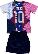Load image into Gallery viewer, A youth soccer jersey kit featuring a combination of colors and the name 'MESSI' on the front, along with the number '10'. The kit includes a jersey and a pair of shorts.