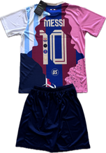 Load image into Gallery viewer, A youth soccer jersey kit featuring a combination of colors and the name 'MESSI' on the front, along with the number '10'. The kit includes a jersey and a pair of shorts.