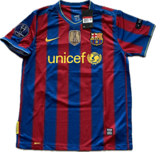 Load image into Gallery viewer, A short-sleeved FC Barcelona soccer jersey with vertical blue and red stripes, featuring the number 10, the Nike logo, and the unicef logo.