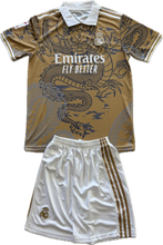 Load image into Gallery viewer, Real Madrid "Dragon" Men's Soccer Kit (Jersey + Shorts Set) - Gold front