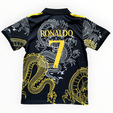 Load image into Gallery viewer, Ronaldo #7 Real Madrid "Dragon" Kids Youth Kit (Jersey + Shorts) - Adidas Champions Gold Black CR7