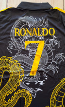 Load image into Gallery viewer, Ronaldo #7 Real Madrid "Dragon" Kids Youth Kit (Jersey + Shorts) - Adidas Champions Gold Black back jersey top collar