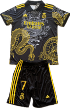 Load image into Gallery viewer, Ronaldo #7 Real Madrid "Dragon" Kids Youth Kit (Jersey + Shorts) - Adidas Champions Gold Black front