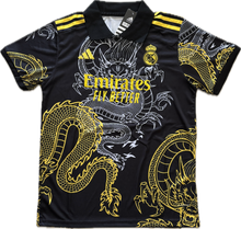 Load image into Gallery viewer, Ronaldo #7 Real Madrid "Dragon" Kids Youth Kit (Jersey + Shorts) - Adidas Champions Gold Black front jersey top