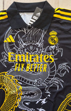 Load image into Gallery viewer, Ronaldo #7 Real Madrid "Dragon" Kids Youth Kit (Jersey + Shorts) - Adidas Champions Gold Black front jersey top collar
