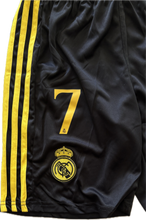 Load image into Gallery viewer, Ronaldo #7 Real Madrid "Dragon" Kids Youth Kit (Jersey + Shorts) - Adidas Champions Gold Black shorts 7