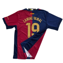 Load image into Gallery viewer, Soccer jersey with red and blue design, featuring the name 'Lamine Yamal' and number '19'. Travis Scott