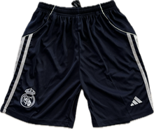 Load image into Gallery viewer, Real Madrid 2025-26 Youth Away Kit (Jersey + Shorts) - Adidas Champions League close-up of the shorts with the stripes and Real Madrid and Adidas logo embroidered
