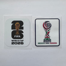 Load image into Gallery viewer, Two FIFA World Cup 2026 stickers on a white background, one with a gold trophy design and the other with the Mexico, USA, and Canada national team colors.
