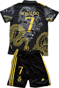 Ronaldo #7 Real Madrid "Dragon" Youth Kit (Jersey + Shorts) - Adidas Champions Gold Black CR7
