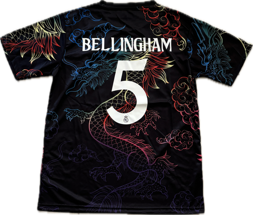 Black t-shirt with colorful dragon designs and 'Bellingham' and number '5' on a white background