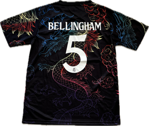Black t-shirt with colorful dragon designs and 'Bellingham' and number '5' on a white background