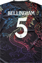 Load image into Gallery viewer, Black sports jersey with colorful dragon design and &#39;Bellingham 5&#39; text
