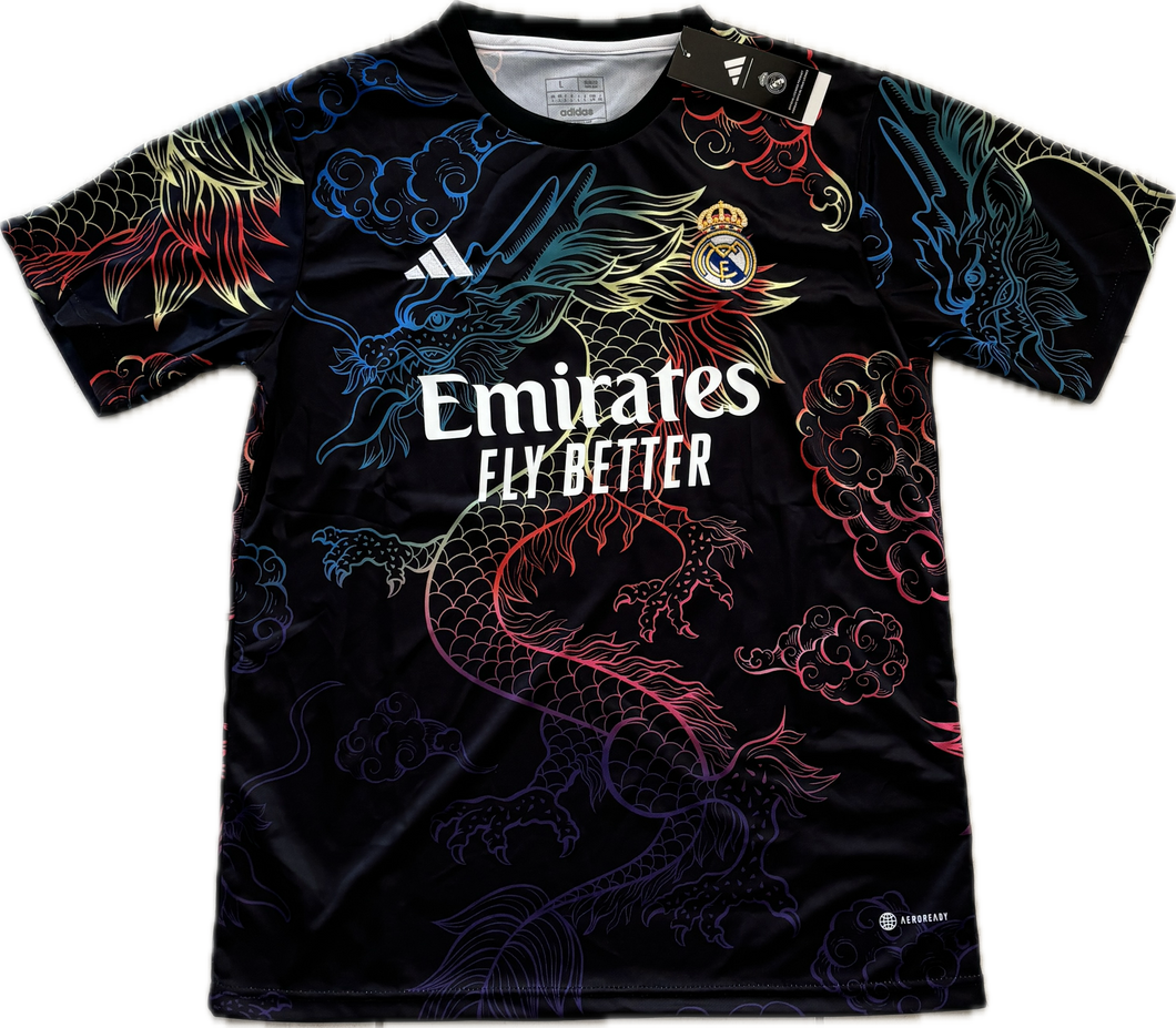 Black sports jersey with colorful dragon design and Emirates branding Bellingham