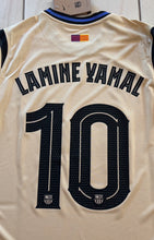 Load image into Gallery viewer, &quot;Nike FC Barcelona x Kobe Mamba Lamine Yamal #10 Jersey Full Display - Special Edition Beige Kit with Champions League Patches, Official Crest, and Tribute Design&quot;

