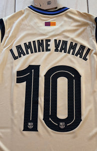 "Nike FC Barcelona x Kobe Mamba Lamine Yamal #10 Jersey Full Display - Special Edition Beige Kit with Champions League Patches, Official Crest, and Tribute Design"
