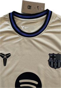 "Nike FC Barcelona x Kobe Mamba Lamine Yamal #10 Jersey Product Shot - Special Edition Beige Champions League Kit with Official Crest, Player Font, and Tribute Colorway"
