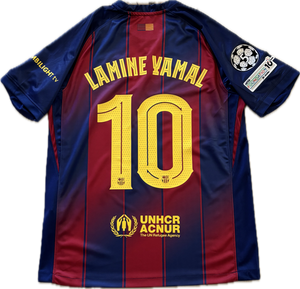 "FC Barcelona Nike 2025-26 Home Jersey Flat Lay - Yamal #10 Champions League Kit with Official Badges, Authentic Blaugrana Design"
