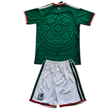 Load image into Gallery viewer, Mexico 2026 Aztec Sun Stone Green Youth Kids Jersey &amp; Shorts Kit World Cup Special Edition
