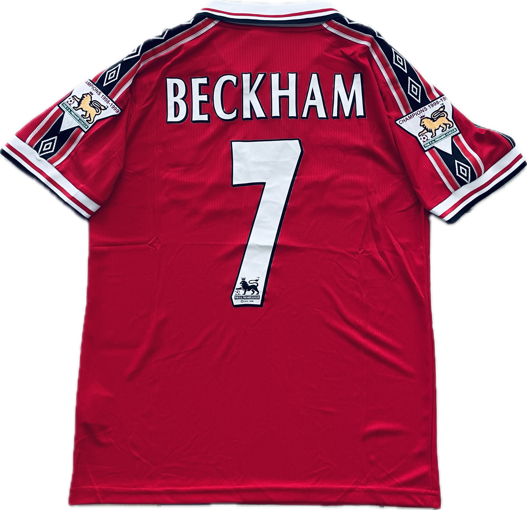 Vintage David Beckham #7 Manchester United 98/99  Umbro Red Short Sleeve Retro Jersey English Premier League Patches Sleeves