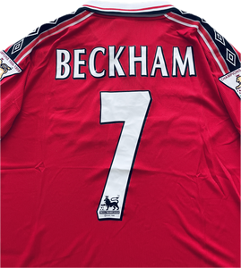 Vintage David Beckham #7 Manchester United 98/99  Umbro Red Short Sleeve Retro Jersey English Premier League Patches Sleeves