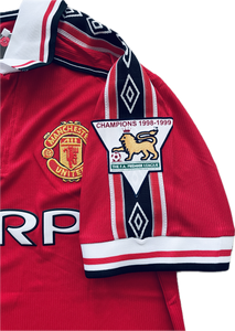 Vintage David Beckham #7 Manchester United 98/99  Umbro Red Short Sleeve Retro Jersey English Premier League Patches Sleeves