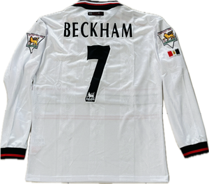 Vintage David Beckham #7 Manchester United Umbro 1998 1999 White Long Sleeve Retro Jersey English Premier League Patch